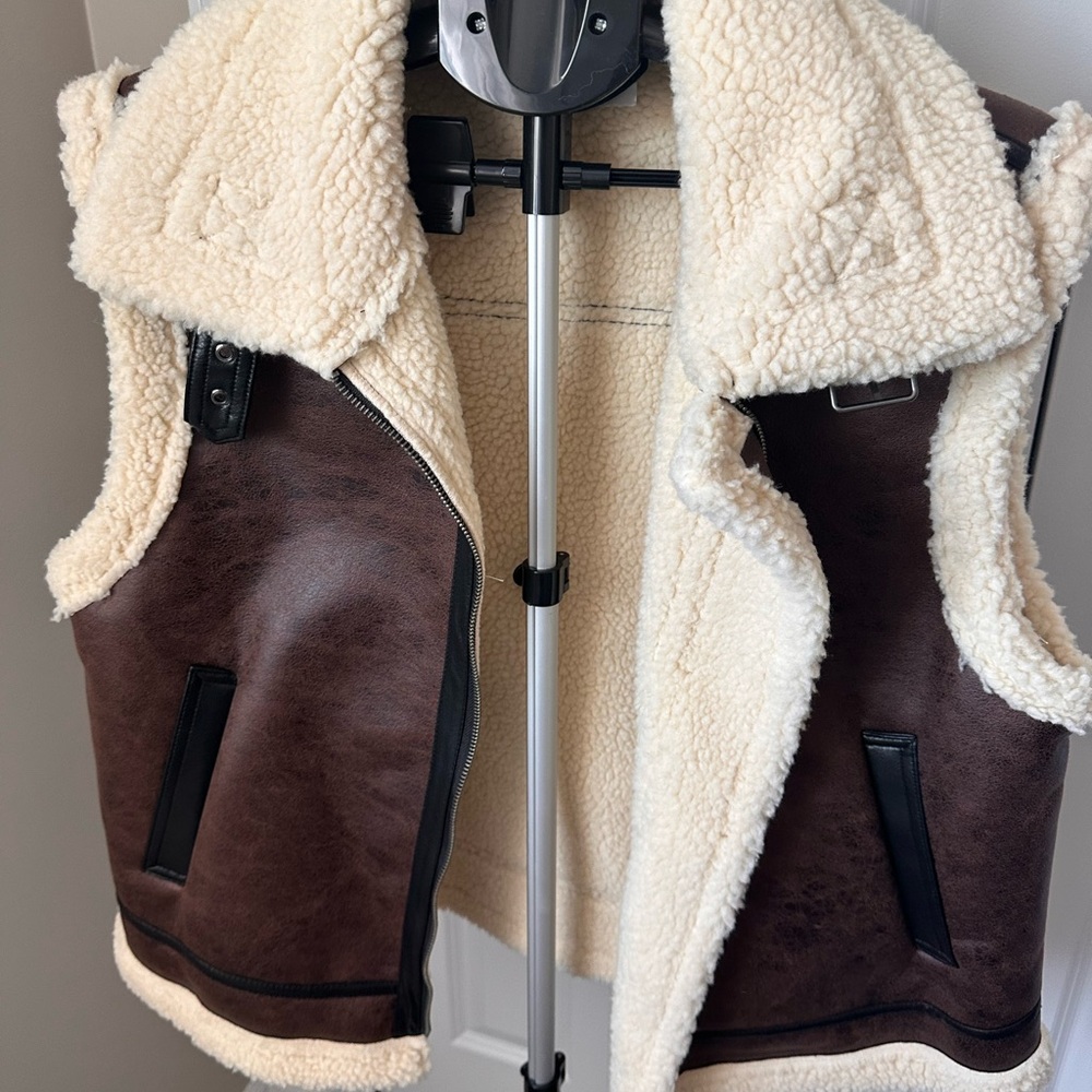 Divided Shearling Vest in Brown and Cream